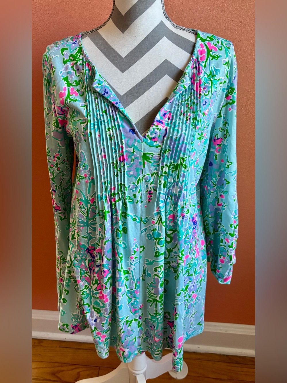 Lilly Pulitzer Aqua Floral Pintuck Tunic - Pink & Green Accents